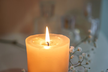 Beautiful burning candle with flowers on shelf, closeup
