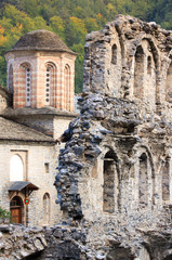 Fototapeta na wymiar The ruins of the old monastery of St Dionysius next to the new church