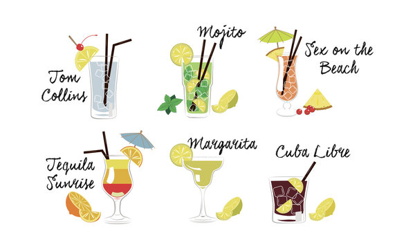 Alcoholic cocktails set, Tom Collins, Mojito, Sex on the beach, Tequila sunrise, Margarita, Cuba libre vector Illustration on a white background
