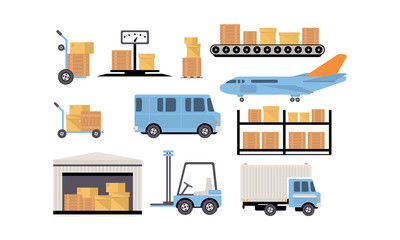 Merchandise warehouse and logistic, storage building, shelves with goods, cargo and unloading transport vector Illustration