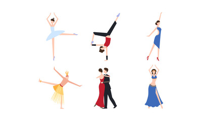 Professional dancers dancing classical, modern and tribal dances set vector Illustration on a white background