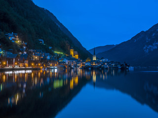 Village of Hallstatt at Night, Lake Hallstatt, Austria, Europe