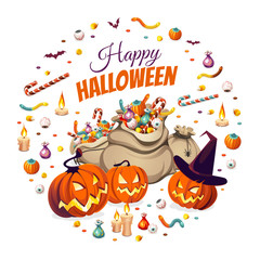 Banner with pumpkins and bags of сolorful Halloween sweets for children: candy, chocolate, jelly isolated on white background.