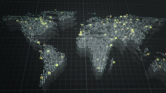 Abstract animation of World map in digital screen with colorful dots and lines. Animation of seamless loop.