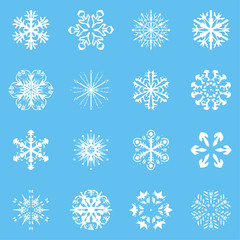 Fototapeta na wymiar Snowflake vector icon background set blue color. Winter white christmas snow flake crystal element. Weather illustration ice collection. Xmas frost flat isolated silhouette symbol