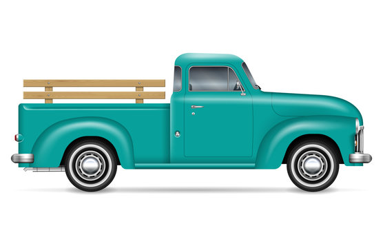Retro pickup vector illustration on white background. Isolated green old truck side view. All elements in the groups on separate layers for easy editing and recolor.