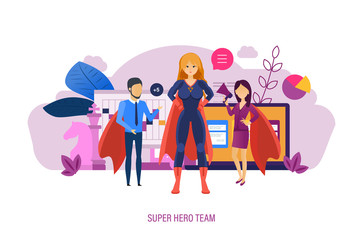 Super hero team. Collaboration leadership, expansion business, team business leaders.