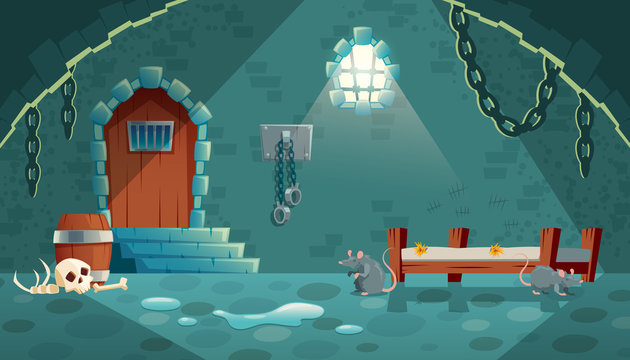 Vector concept illustration with medieval prison cell for criminals. Castle dungeon, room for prisoners, interior with iron shackles on stone walls, empty bunks and rats. Cartoon game background