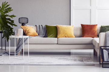 Yellow cushions on white couch in modern living room interior with table and plant. Real photo