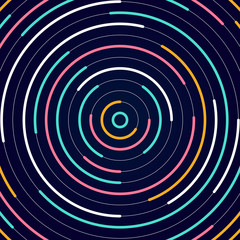 Abstract colorful lines bright circles pattern on dark background.