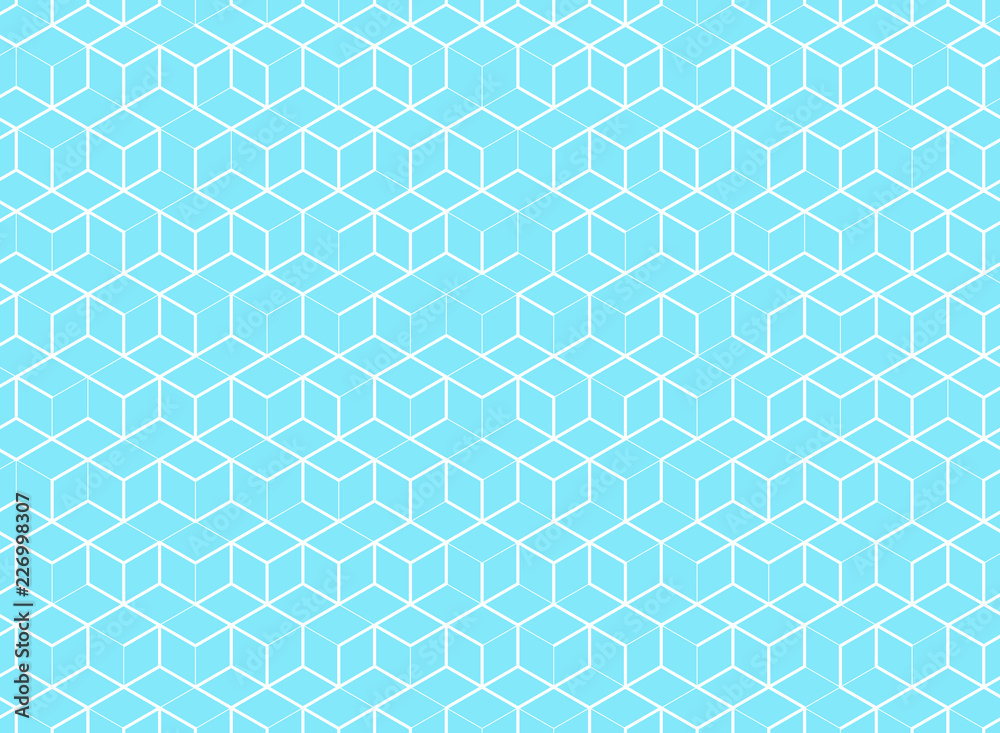 Poster abstract cube pattern on blue background. digital geometric lines square mesh.