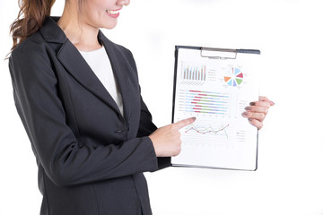 Closeup of Smiling Business woman pointing to present graph data notepad .Business plan,strategy and analysis concepts