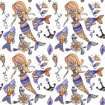 pattern with mermaids and fish. Watercolor painting of mermaid, fish and flowers