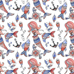 Obraz premium pattern with mermaids and fish. Watercolor painting of mermaid, fish and flowers