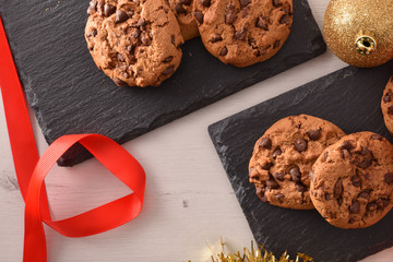 Sweet Christmas dessert with cookies on white table close up