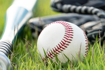 Baseball equipment on the lawn