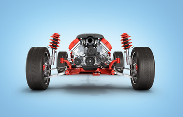 Undercarriage in detail Suspension of the car with wheel and engine isolated on blue gradient background 3d