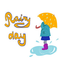 creative vector illustration Rainy Day with cute cartoon girl  in a creative background.