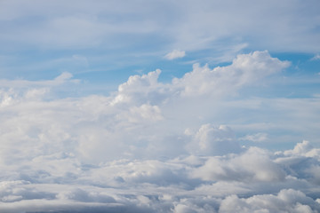 Cloud texture wallpaper. View of blue sky and cloudy field from airplane window.