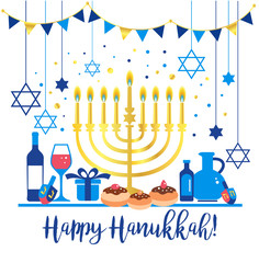 Jewish holiday Hanukkah greeting card traditional Chanukah symbols - wooden dreidels spinning top , Hebrew letters, donuts, menorah candles, oil jar, star David glowing lights illustration.