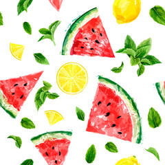 Seamless pattern with slices of watermelon, lemon and meant leaves on white background. Summer concept. Vector watercolor