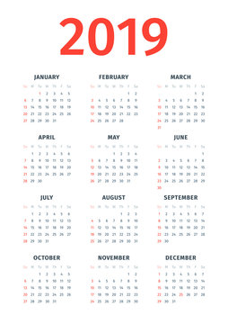 Calendar 2019. Week starts on Sunday