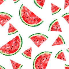 Seamless pattern with slices of watermelon on white background. Summer concept. Vector watercolor
