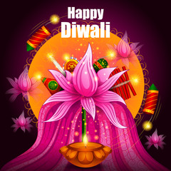Colorful fire cracker with decorated diya for Happy Diwali festival holiday celebration of India greeting background