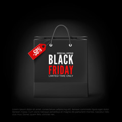 Naklejka premium Black Friday concept. Black paper bag with tag Sale and text. Black friday banner template. Vector illustration isolated on black background