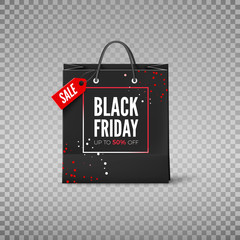 Black Friday concept. Black paper bag with tag Sale and discount offer. Black friday banner template. Vector illustration isolated on transparent background