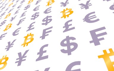 Bitcoin and currency on a white background. Digital Cryptocurrency symbol. Business concept. Market Display. 3D illustration