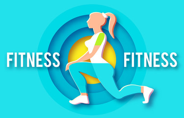 Obraz premium Woman Fitness Poster Template. Sport Motivation. Paper 3D Art. Workout girl. Sports and Health Care Flyer. Gym Design.