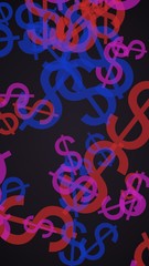 Multicolored translucent dollar signs on dark background. Vertical image orientation. 3D illustration