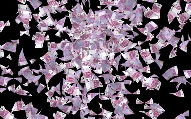 Flying euro banknotes isolated on a dark background. Money is flying in the air. 500 EURO in color. 3D illustration