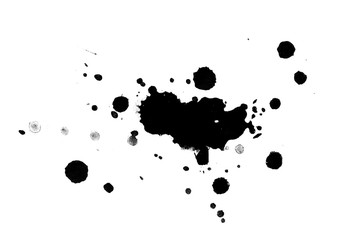 Black ink on white background. Paint splatters.