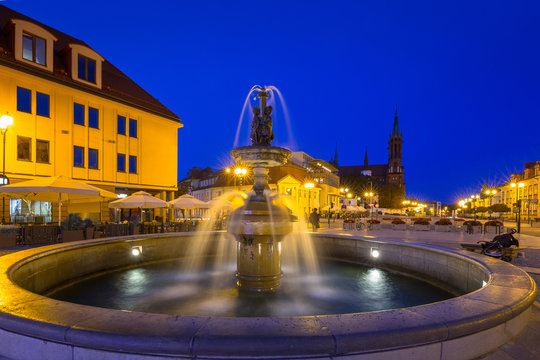 Fountain on the main square of Bialystok at night, Poland.