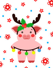 Happy new year cute pig with Christmas decorations postcard chinese. Symbol of the year 2019 vector illustrtion