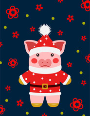 Happy new year cute pig Santa Claus postcard chinese. Symbol of the year 2019 vector illustrtion