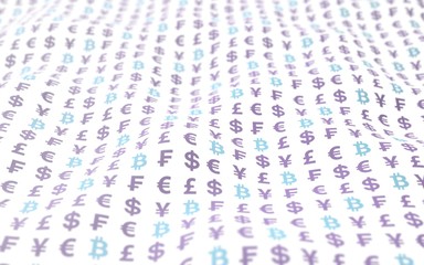 Bitcoin and currency on a white background. Digital crypto symbol. Wave effect, market fluctuations. Business concept. 3D illustration