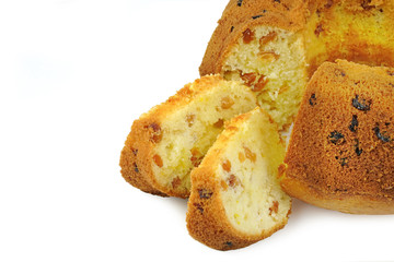 Raisin cake isolated on white background.