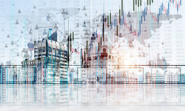 Concept of global communication and networking with world map over cityscape