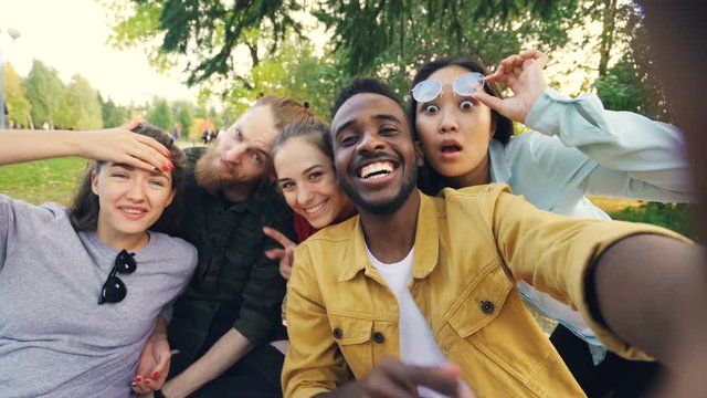 Multiethnic group of young people African American, Asian and Caucasian is taking selfie on picnic with drinks looking at camera and laughing having fun.
