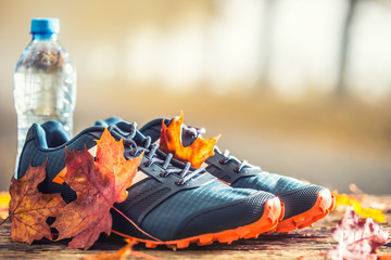 Blue sport shoes and water laid on a wooden board.