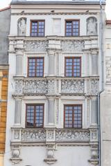 Fragments of facade of an Art Nouveau tenement house located on southern frontage of Old Market Square in Przemysl, Poland 