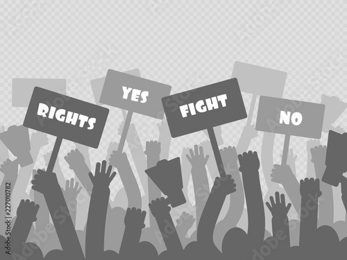 Fototapete Political Protest With Silhouette Protesters Hands Holding Megaphone Banners And Flags Isolated On Transparent Background Vector Illustration Microone
