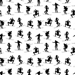 Winter sports athletes seamless pattern. Black sport winter people silhouettes texture. Vector illustration