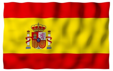 Fototapeta premium The flag of Spain. Official state symbol of the Kingdom of Spain. Concept: web, sports pages, language courses, travelling, design elements. 3d illustration