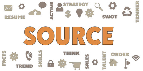 SOURCE Panoramic Banner with icons and tags, words. Hi tech concept. Modern style