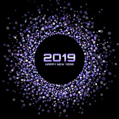 New Year 2019 Card Violet Background. Circle Shiny Disco Lights Halftone Frame. Christmas round border. Confetti circles dot texture. Vector illustration.