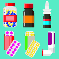Vector set of medicines: tablets, capsules, ointments, syrups, tinctures.